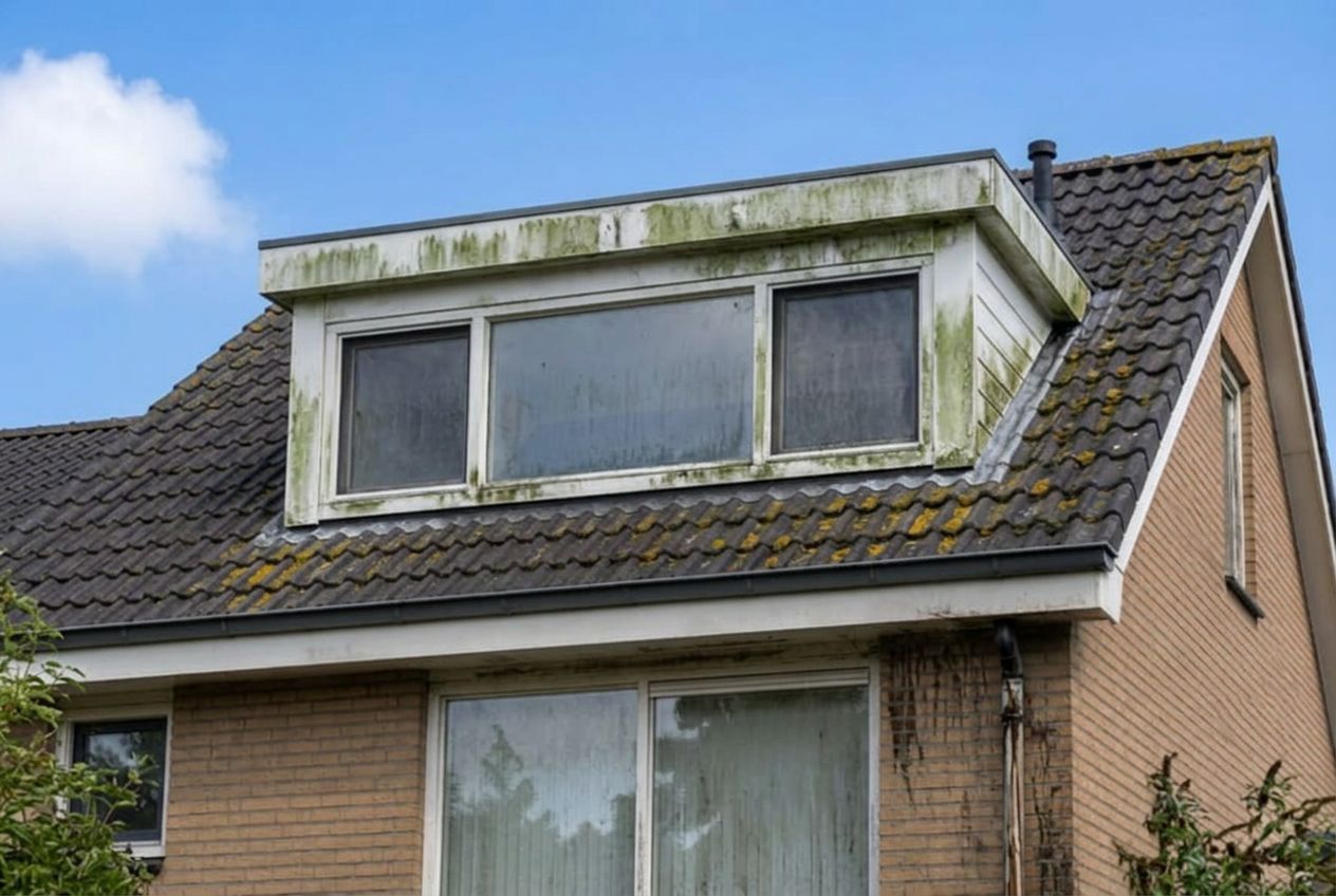 Vergroende en vervuilde dakkapel voor reiniging