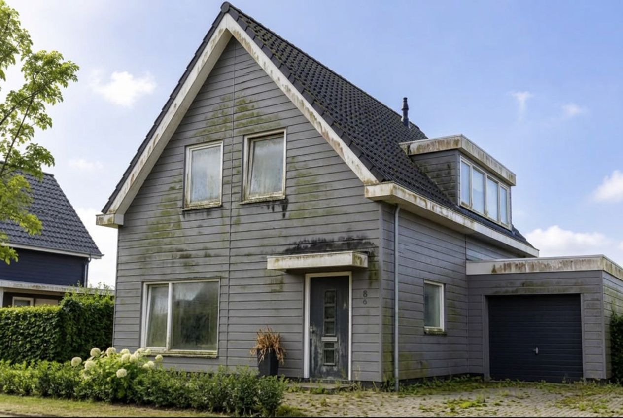 Woning met groene aanslag en zwarte strepen op de gevel voor reiniging